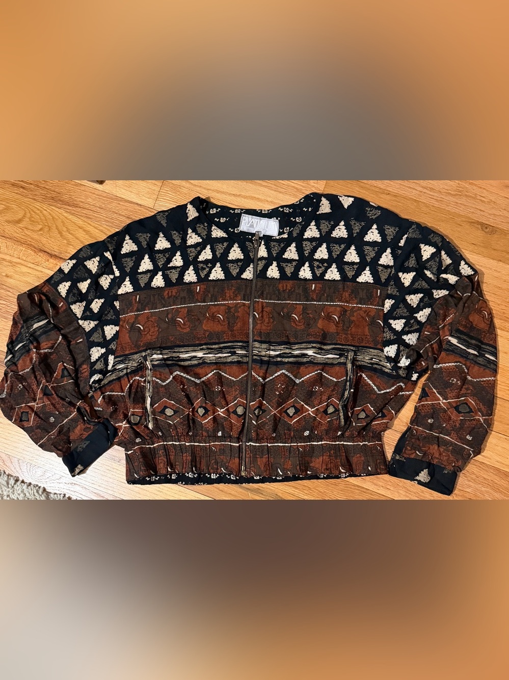 Amazing 80s bomber jacket with tribal print. Platinum by Dorothy Schoelen large